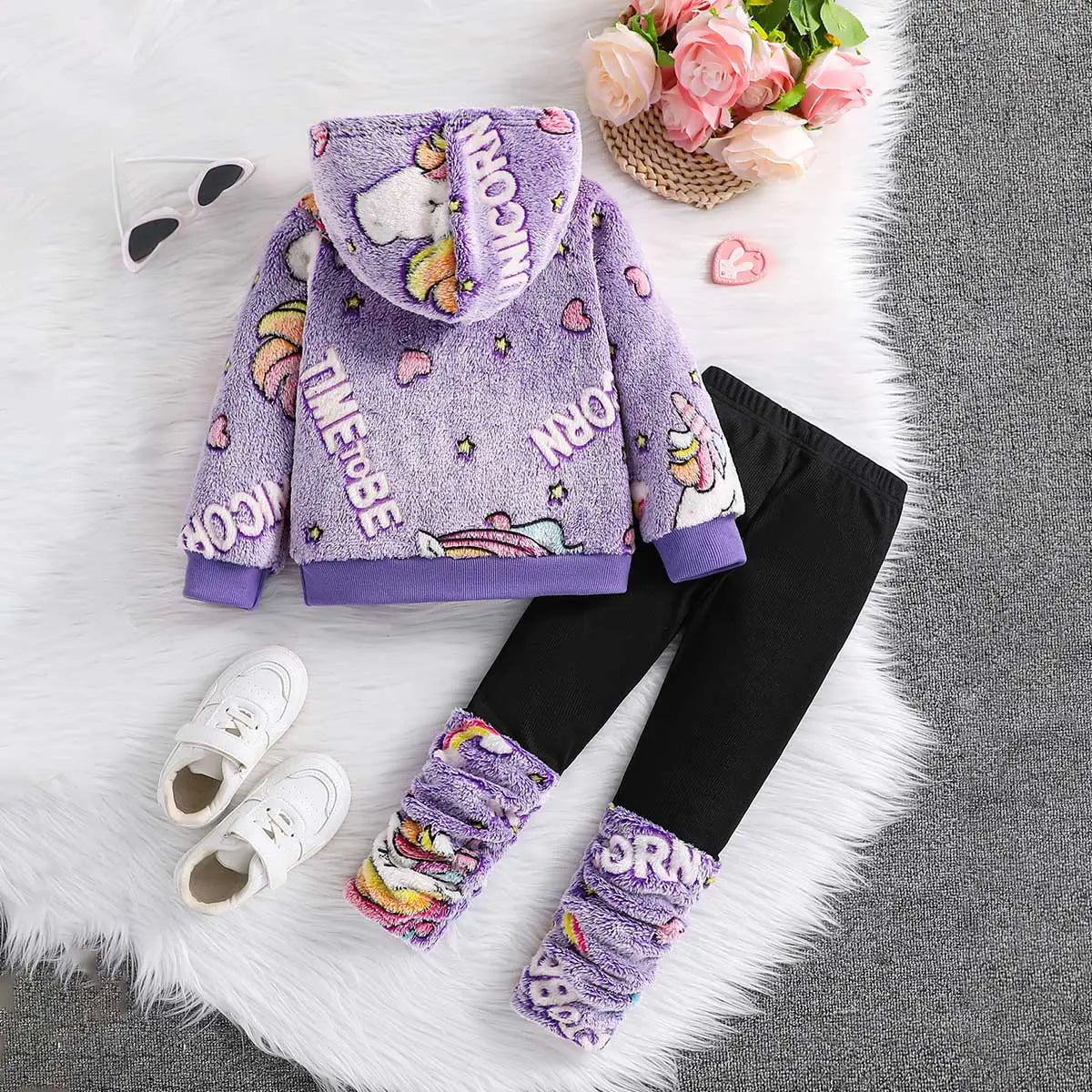Girls Purple Self-Design Unicorn Patterns Hooded Fleece Sweatshirt With Legging Sets 2 pc. Sets