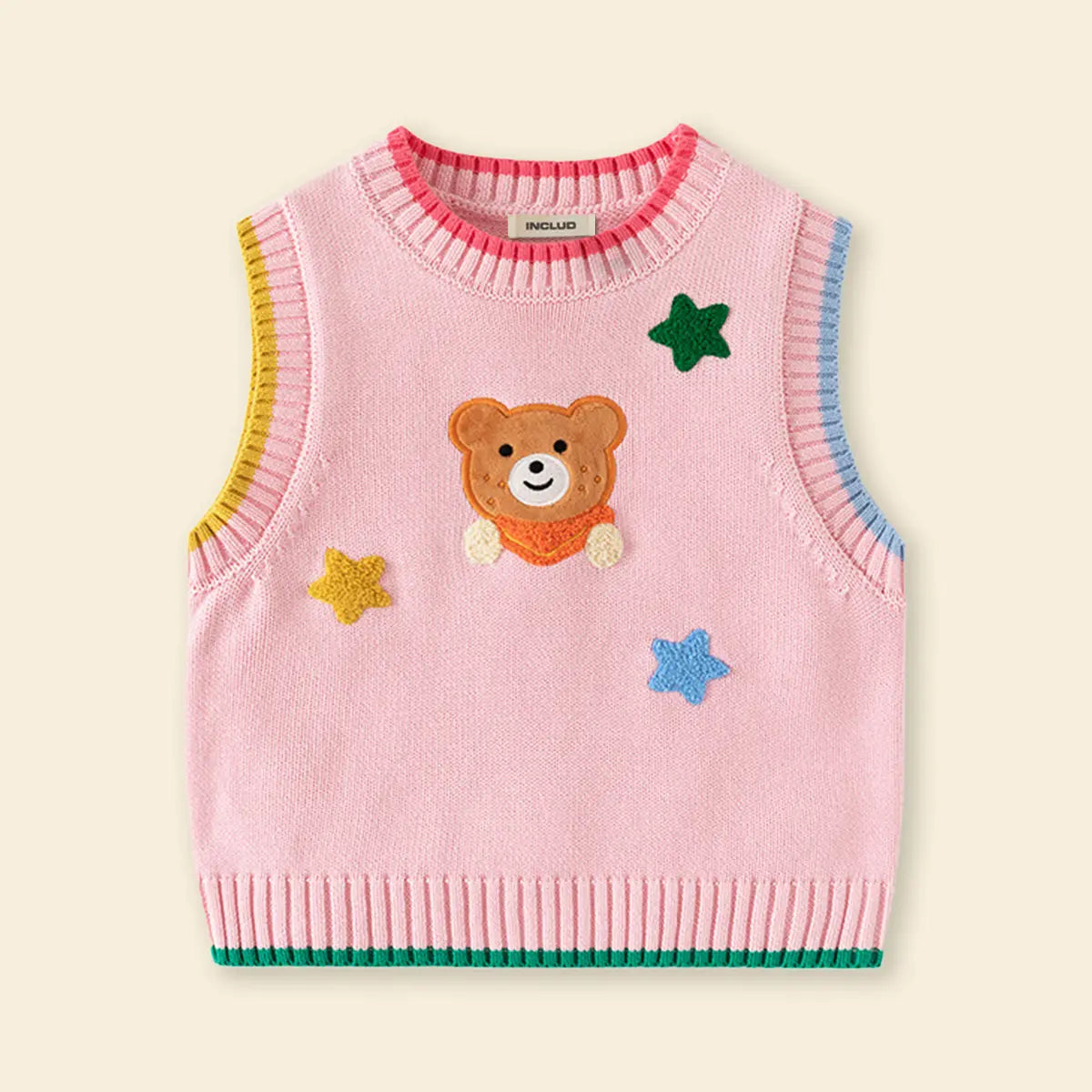 Girls Pink Bear Face Applique Sweater Vest Sweaters & Cardigans