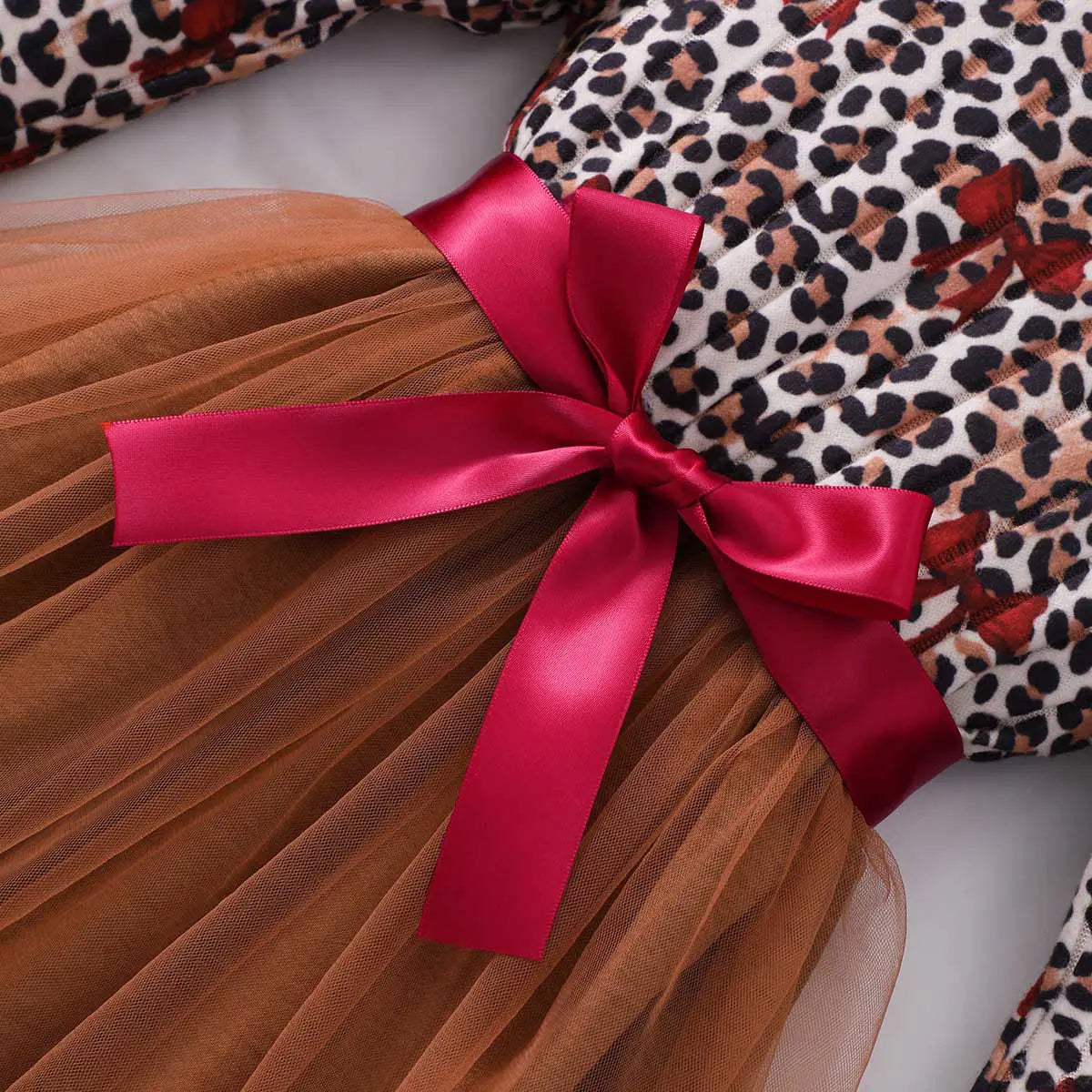 Girls Brown Animal Print Long Puff Sleeves Fit & Flare Dress Casual Dresses