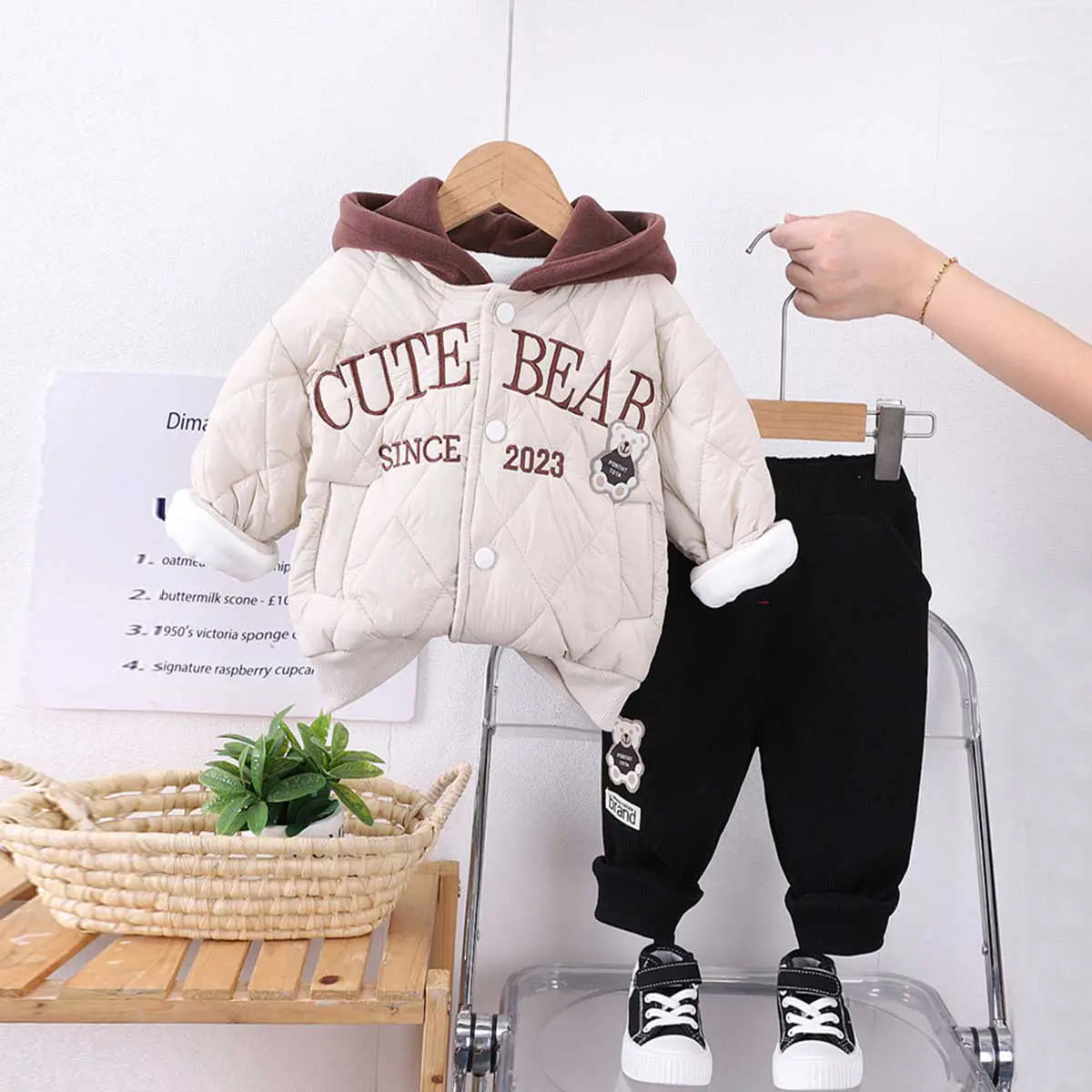 Boys Beige Embroidered Quilted Puffer Jacket With Jogger Sets Sets Beige 1-2 Y