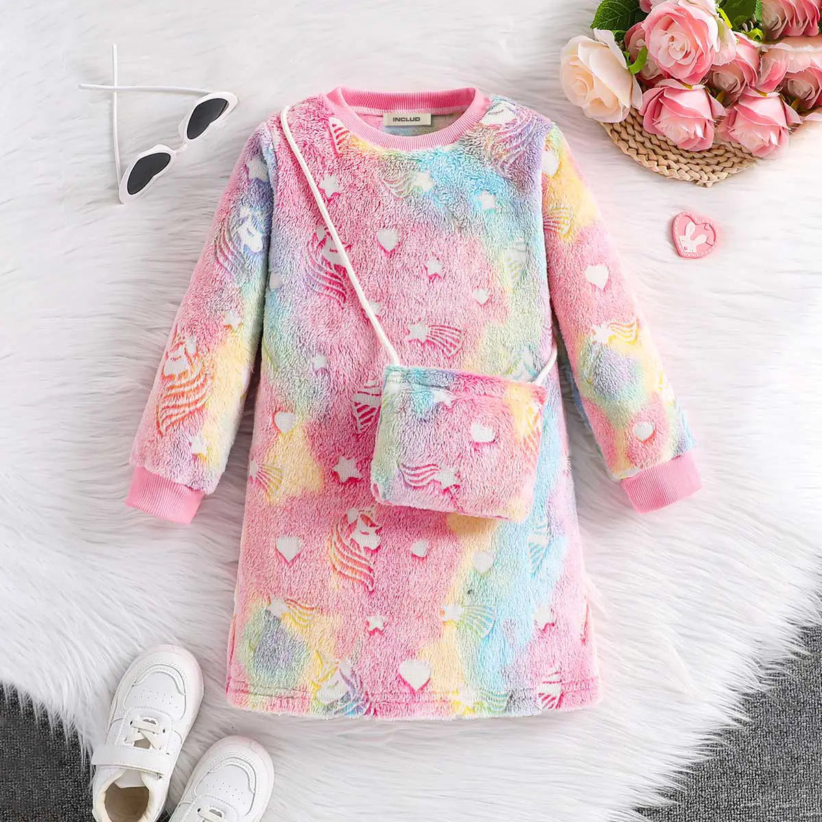 Girls Multicolor Self-Design Unicorn Patterns Fleece T-shirt Dress Casual Dresses Multicolor 3-4 Y