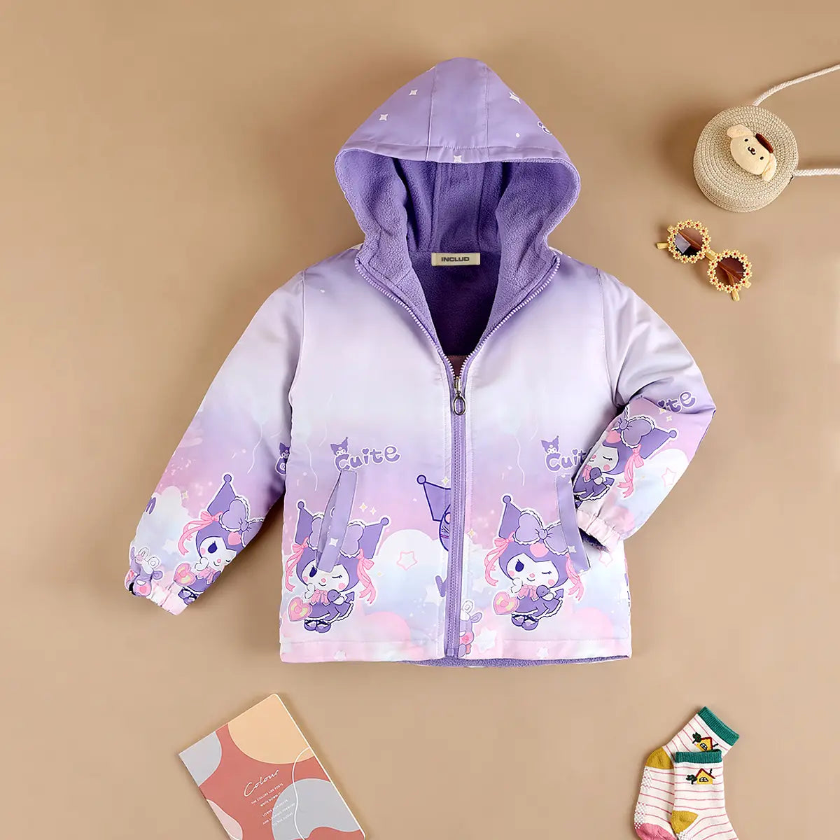Girls Purple Kuromi Cartoon Printed Reversible Hooded Zipper Jacket Coats & Jackets Purple 3-4 Y