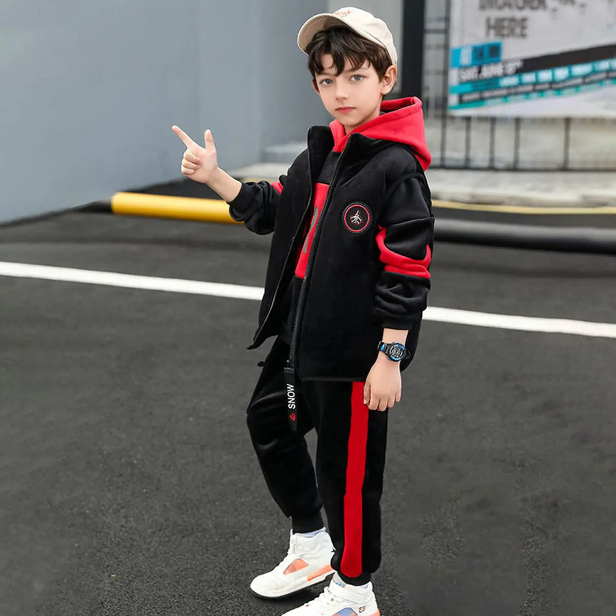 Boys Red Typographic Printed Hooded Sweatshirt With Vest & Jogger Sets Sets