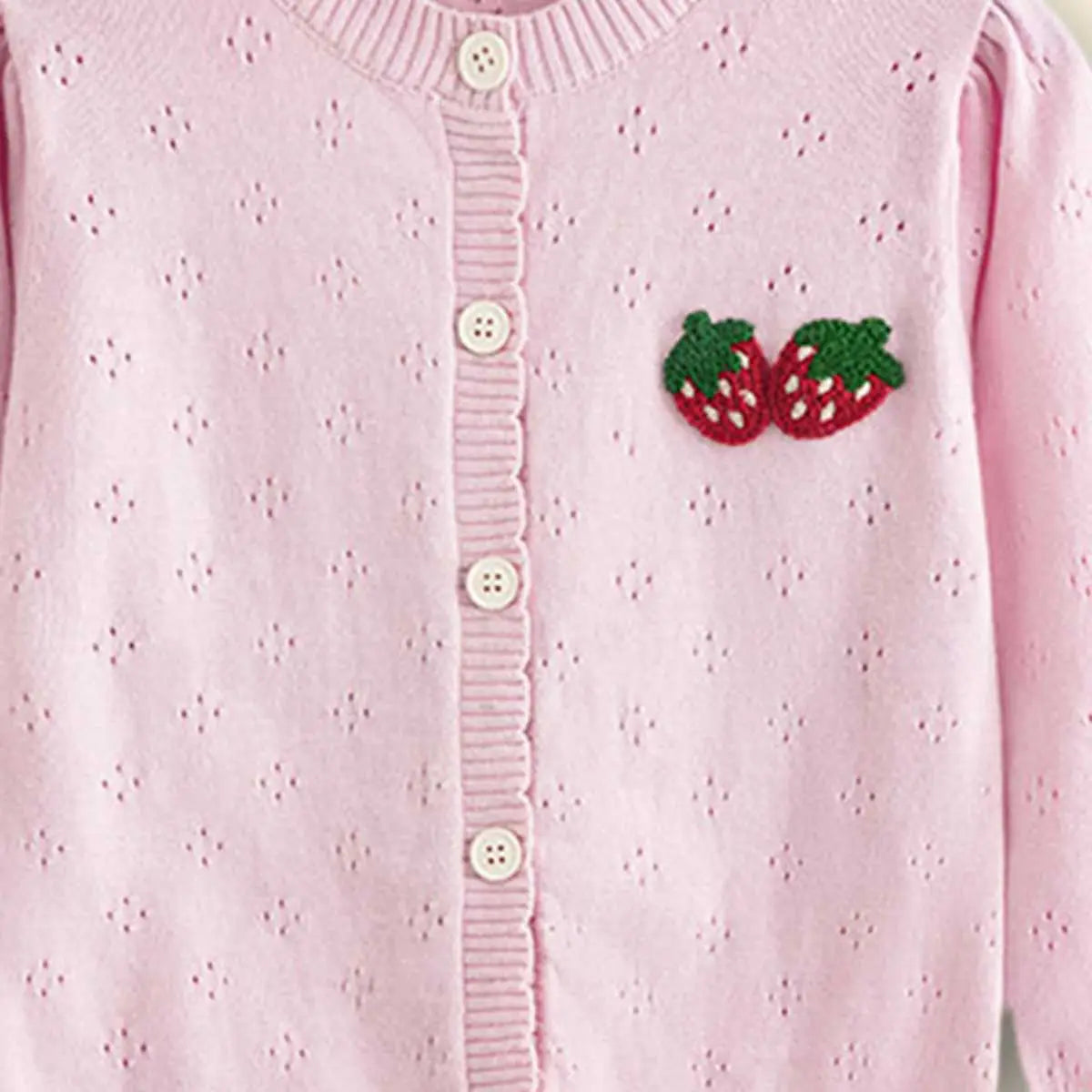 Girls Pink Strawberry Embroidered Long Sleeves Cardigan Sweaters & Cardigans