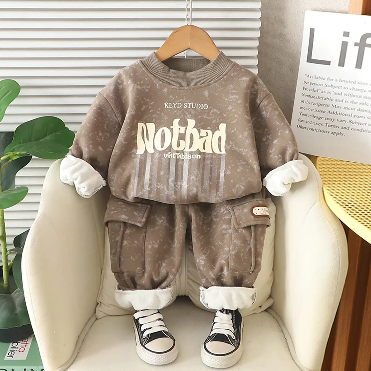 Boys Khaki Typographic Regular Sweatshirt With Pants Sets 2 pc. Sets Khaki 1-2 Y