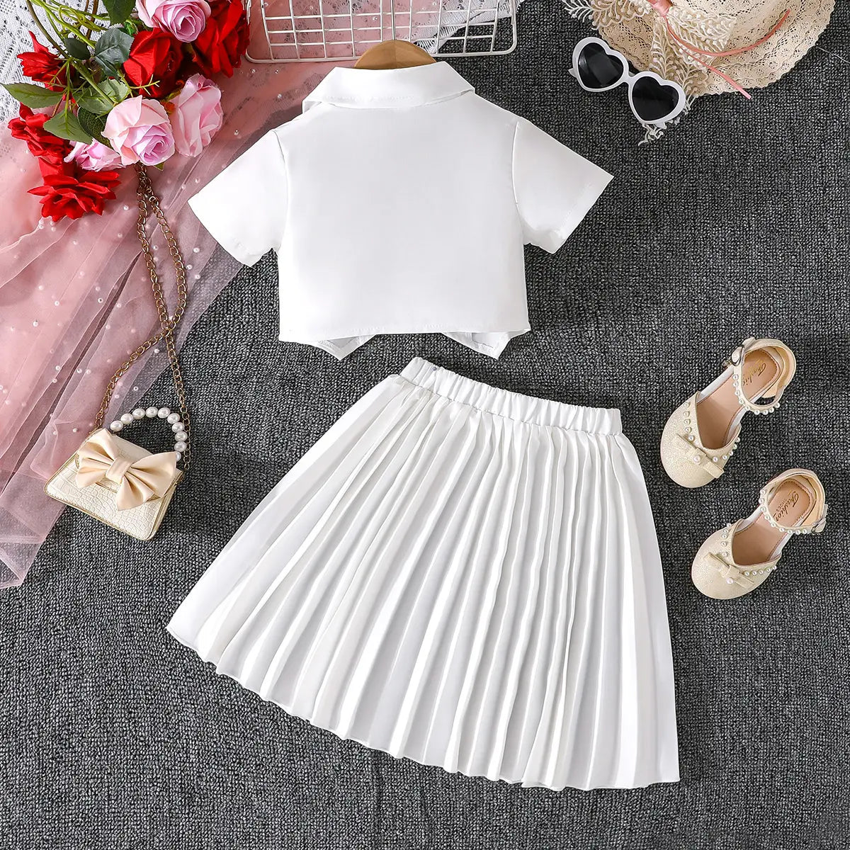 Girls White Double-Breasted Blazer Crop Top With Pleated Skirt Co-ord Sets Sets