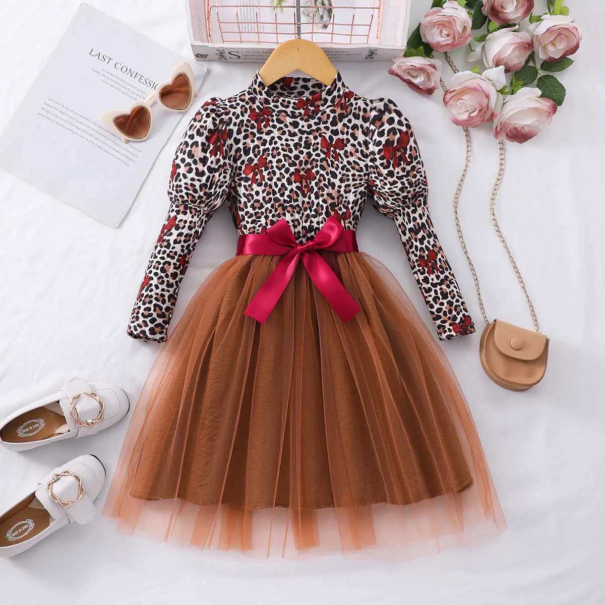 Girls Brown Animal Print Long Puff Sleeves Fit & Flare Dress Casual Dresses Brown 3-4 Y