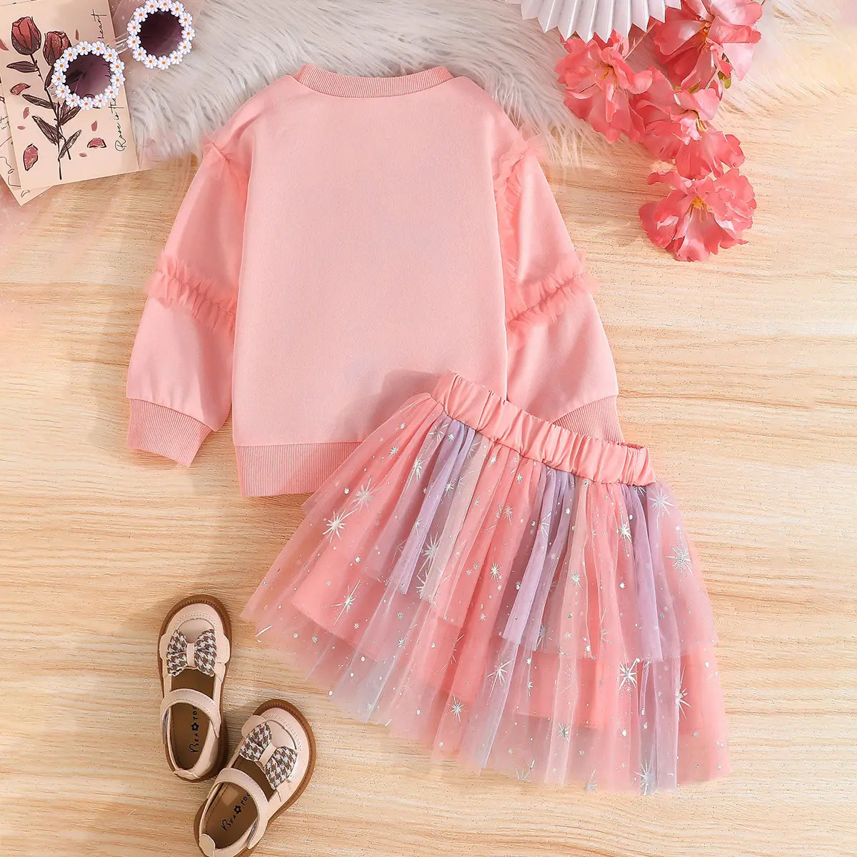 Girls Pink Butterfly Applique Sweatshirt With Tulle Overlay Skirt Sets Sets