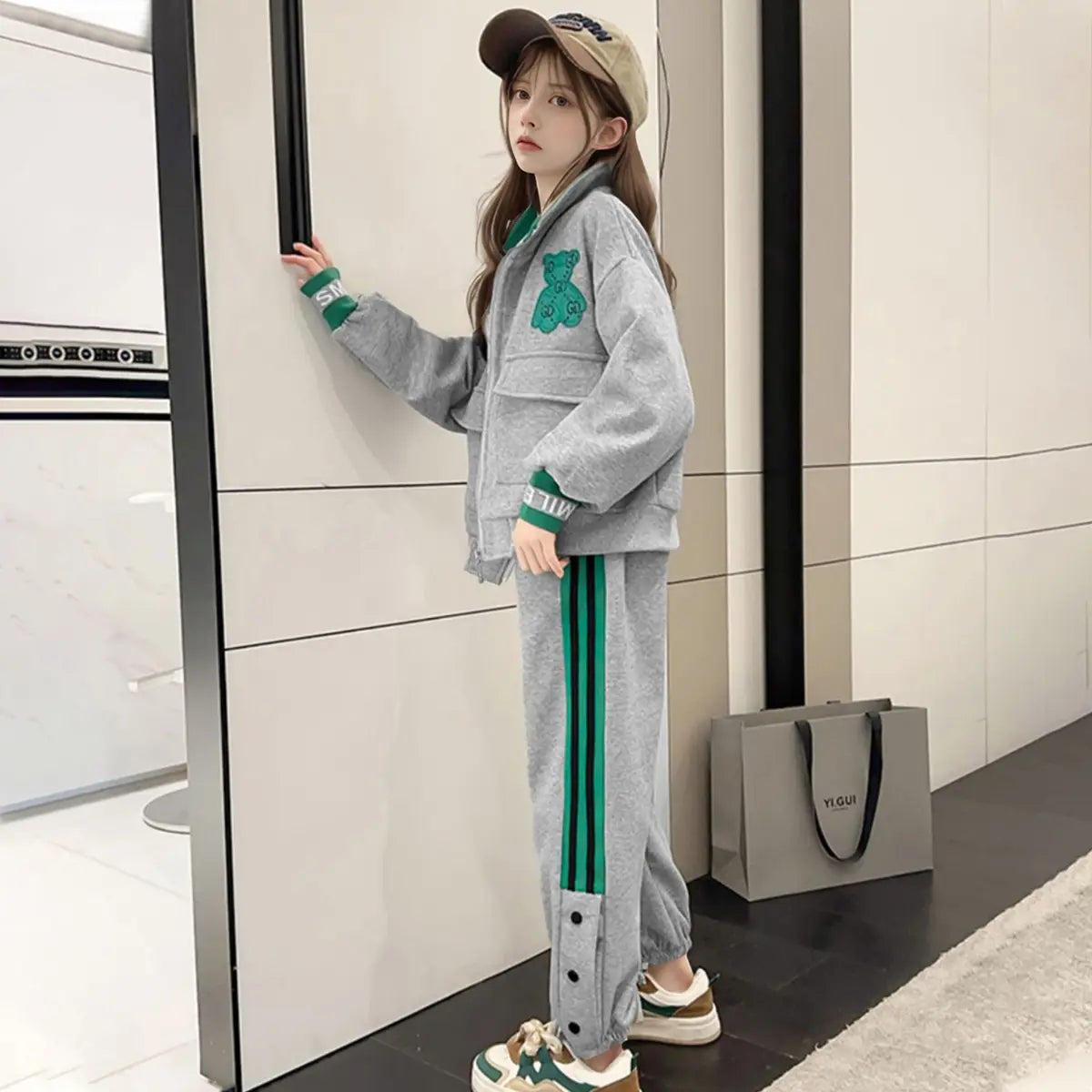 Girls Grey Bear Embroidered Zipper Jacket With Jogger Co-ord Sets Sets