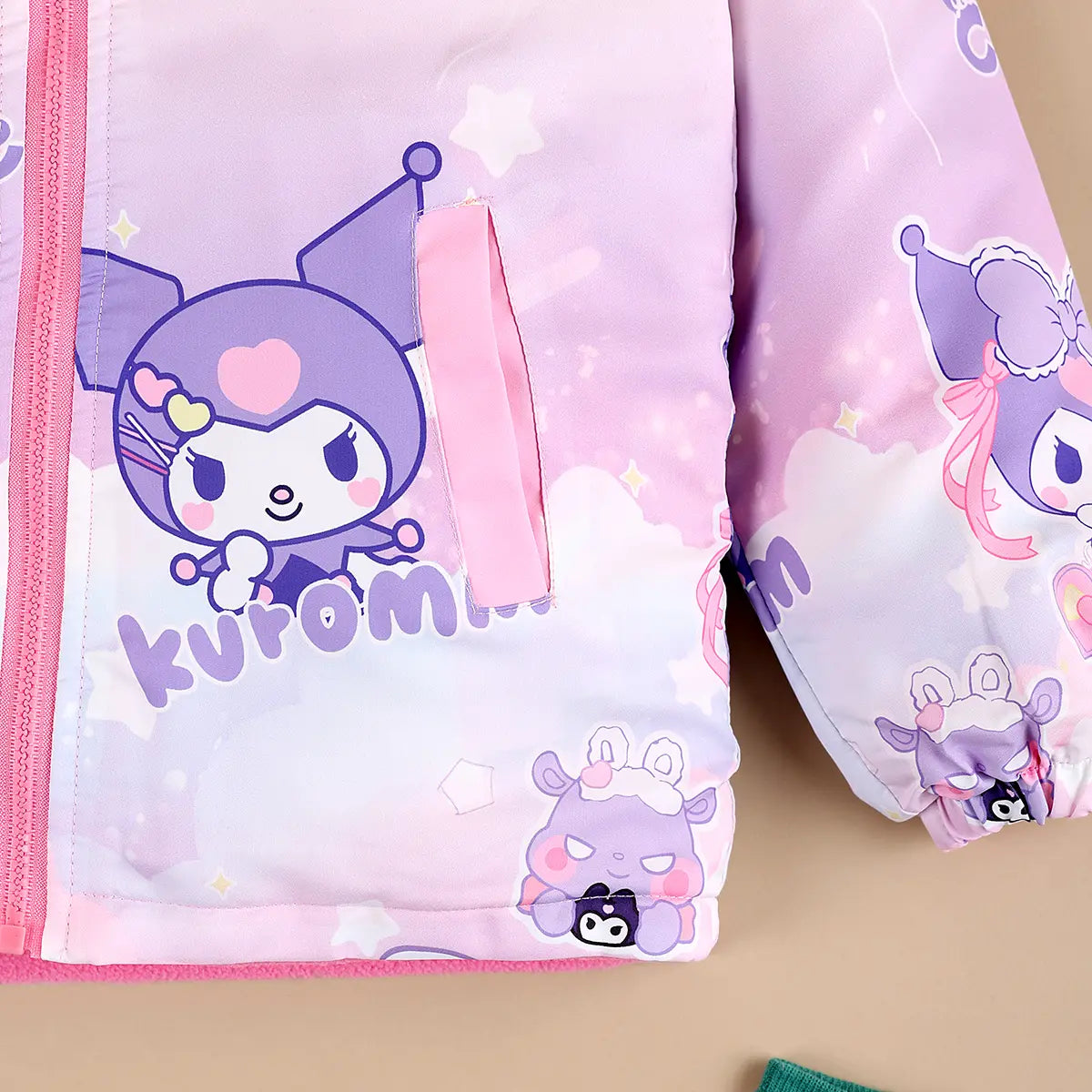Girls Light Pink Kuromi Cartoon Printed Reversible Hooded Zipper Jacket Coats & Jackets