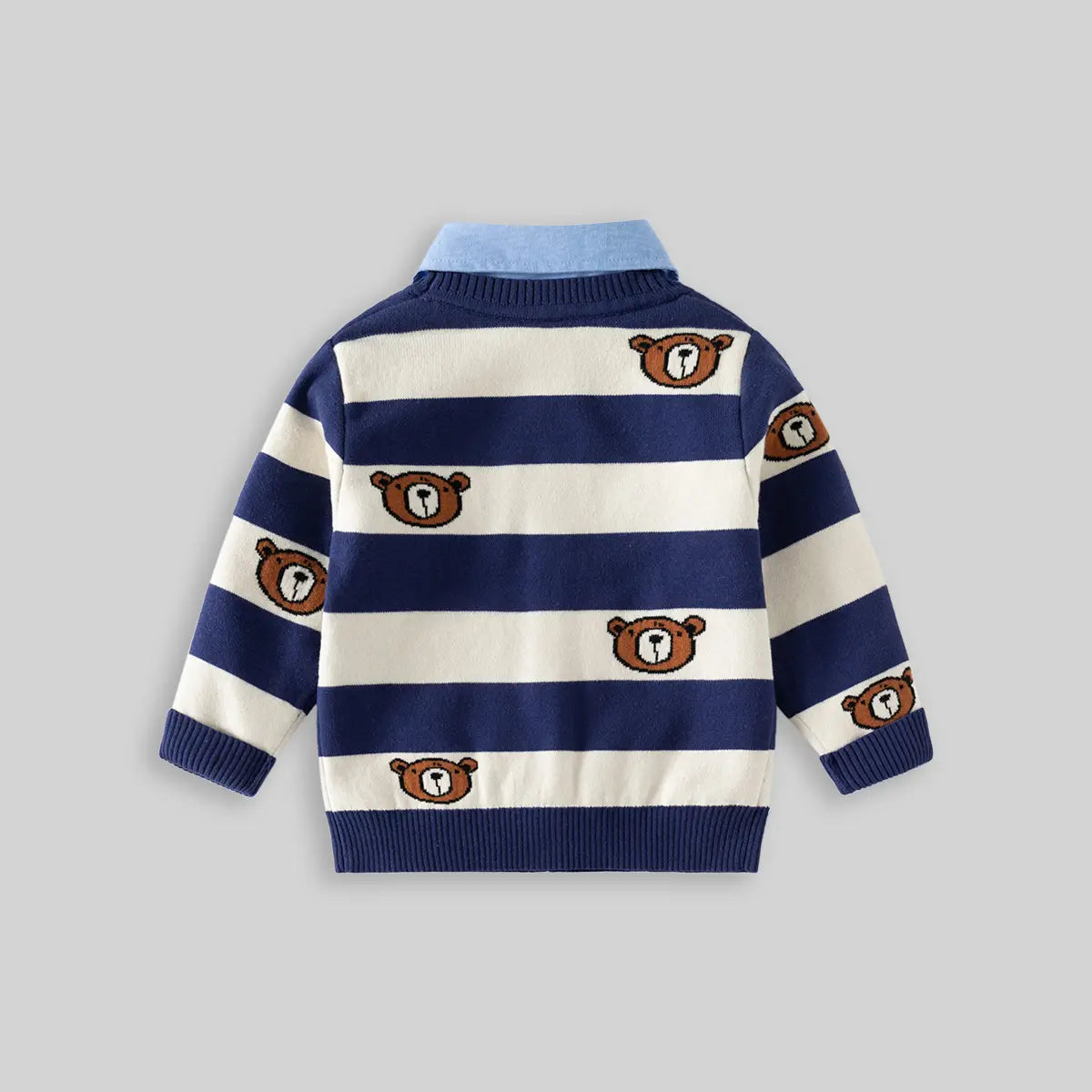Boys Blue Stripes Knitted Cardigan With Shirt Collar Sweaters & Cardigans