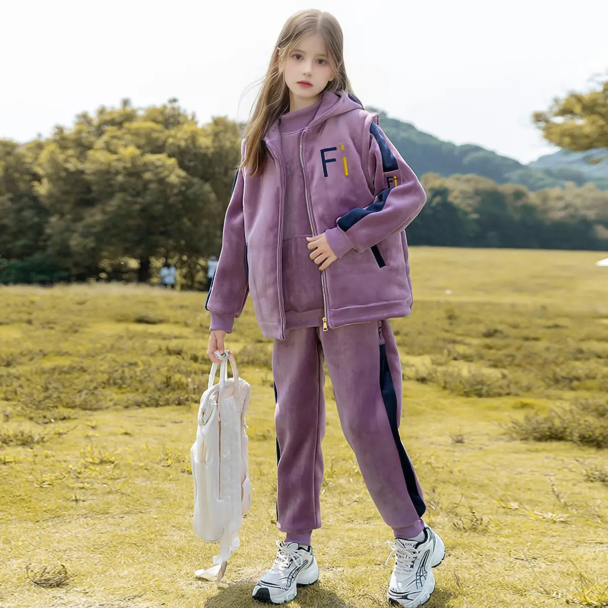 Girls Purple Fi Letters Printed Sweatshirt With Hooded Vest & Jogger Co-ord Sets Sets