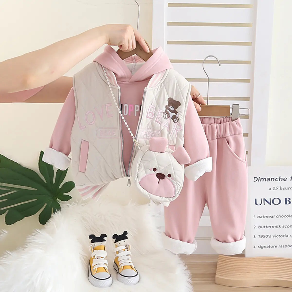 Girls Pink Embroidered Regular Sweatshirt With Sleeveless Jackets, Pants & Bag Sets 4 pc. Sets Pink 1-2 Y