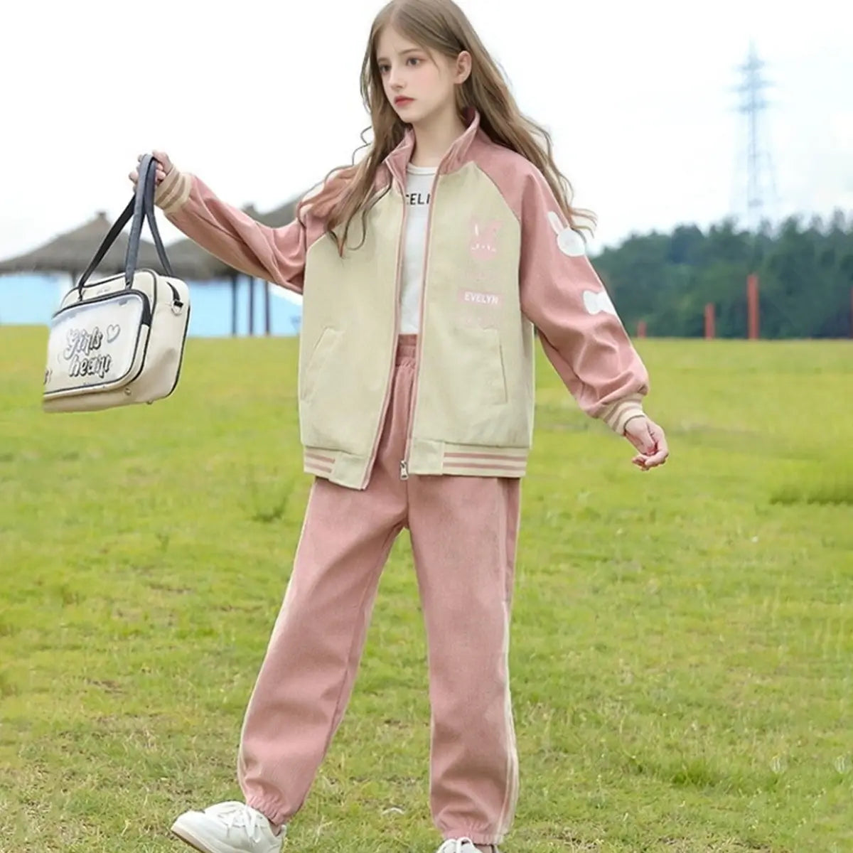 Girls Pink Bunny Face Printed Zipper Jacket With Jogger Set Sets