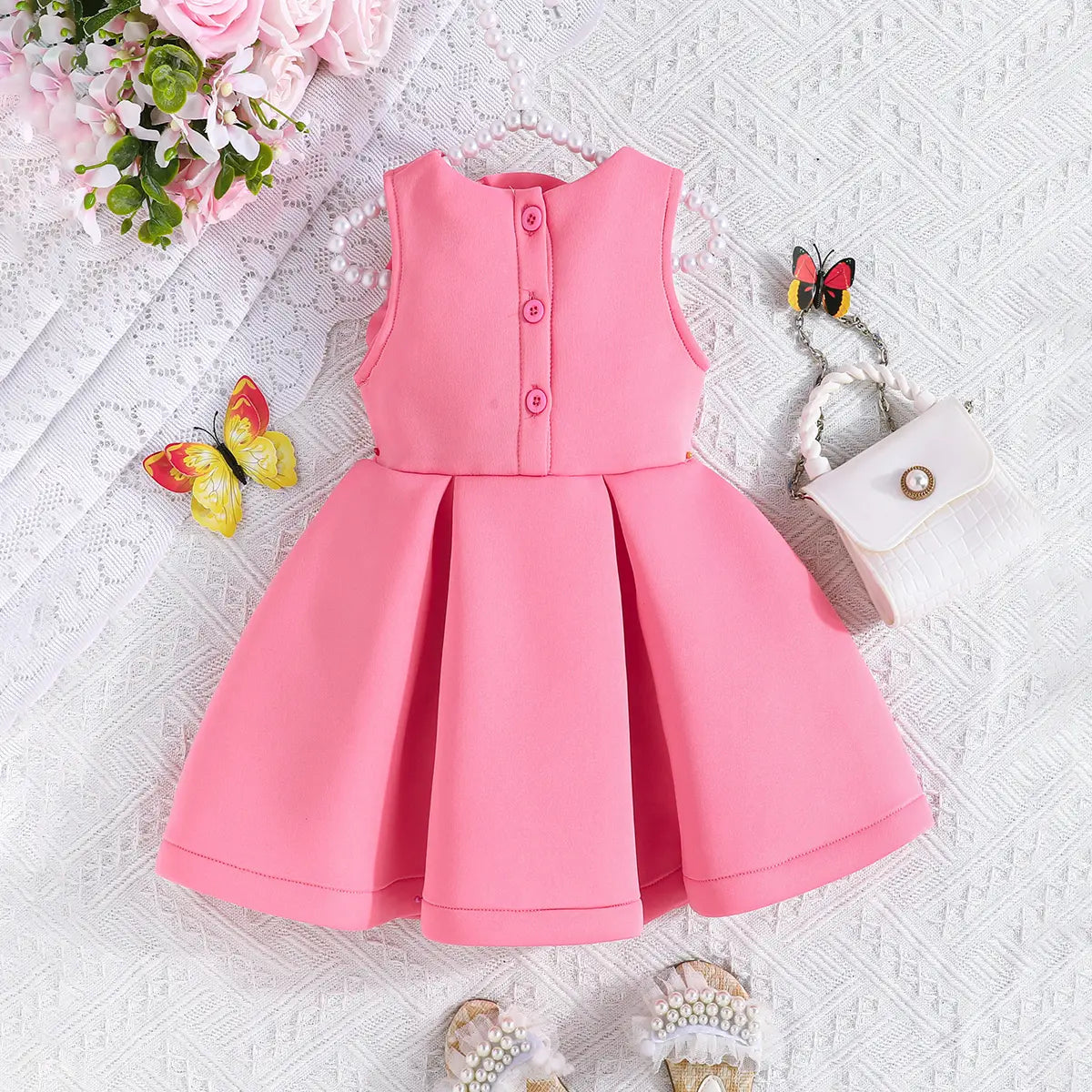 Girls Adorable Pink Sleeveless Dress with 3D Flower Embellishment Casual Dresses