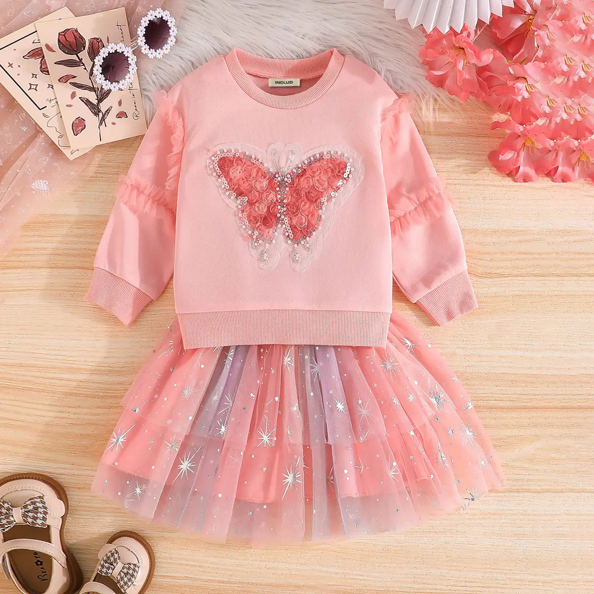 Girls Pink Butterfly Applique Sweatshirt With Tulle Overlay Skirt Sets Sets Pink 1-2 Y