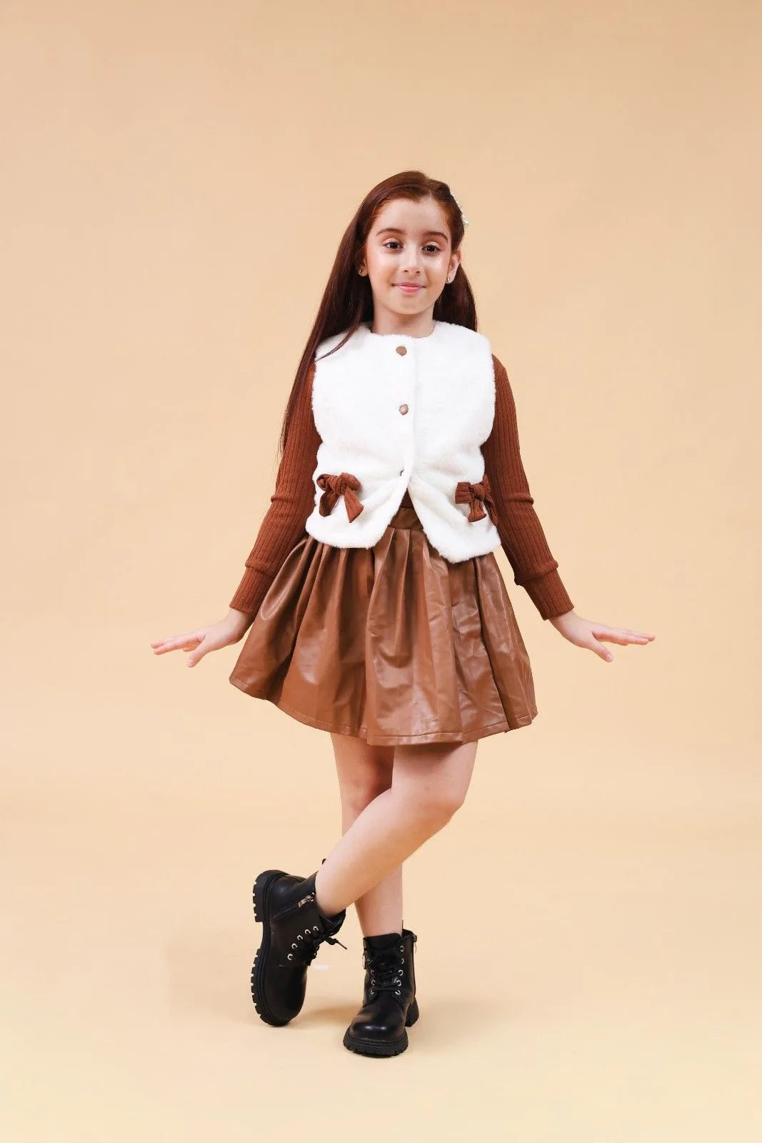 Girls Long Sleeve Sweater With Fur Jacket & PU Pleated Skirt Set Sets Brown 3-4 Y