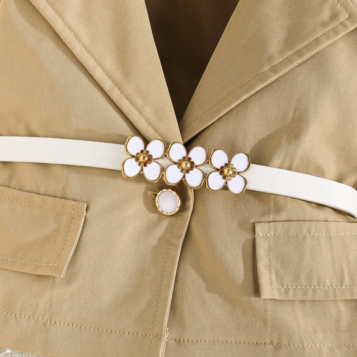 Girls Khaki Long Sleeves Blazer Top With Flared Hem Pant Sets Sets