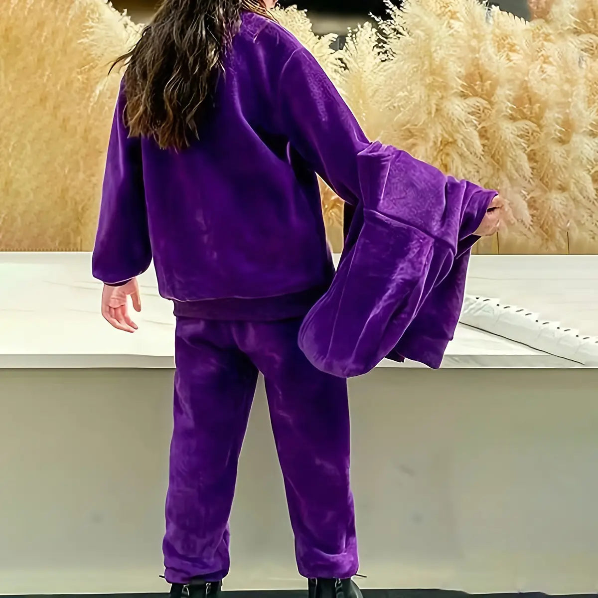 Girls Purple Alphanumeric Printed Sweatshirt With hooded Vest & jogger Co-ord Sets Sets