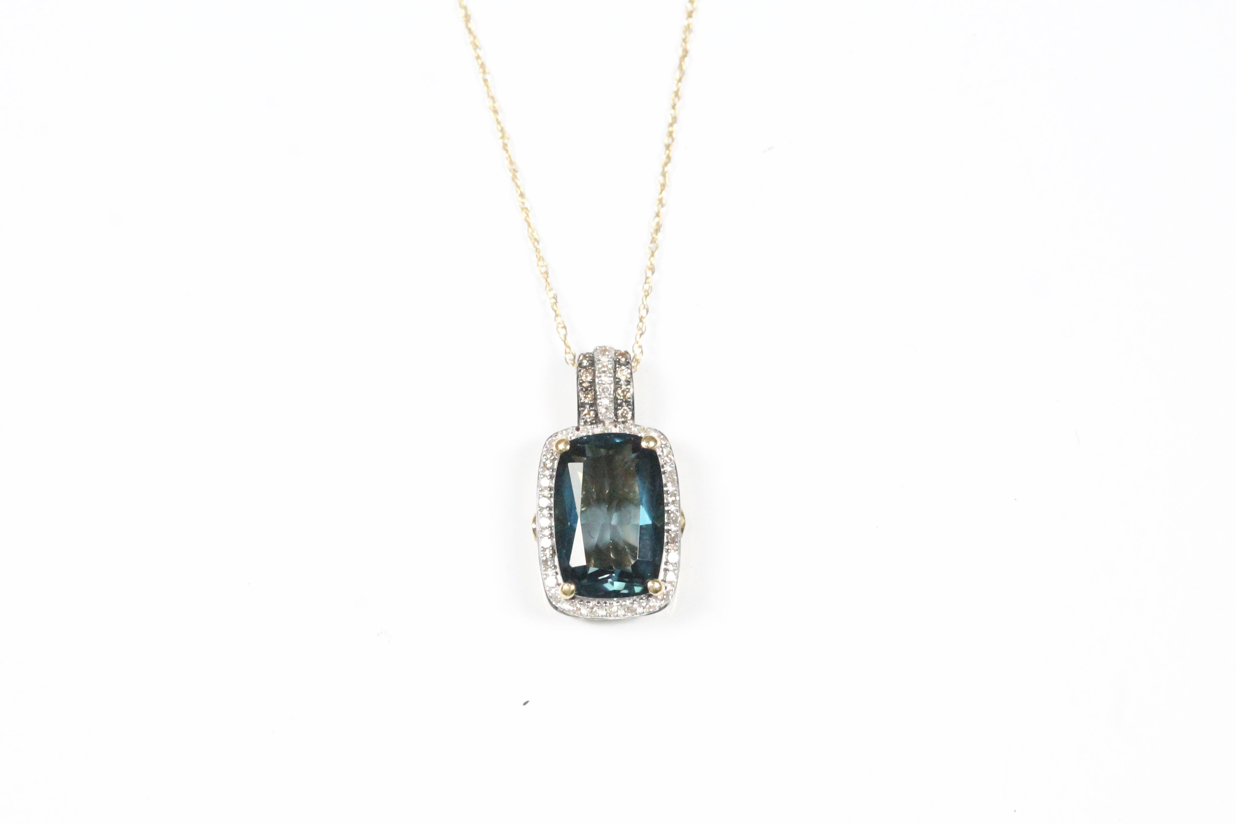 Yellow Gold Blue Topaz and Diamond Pendant with Chain