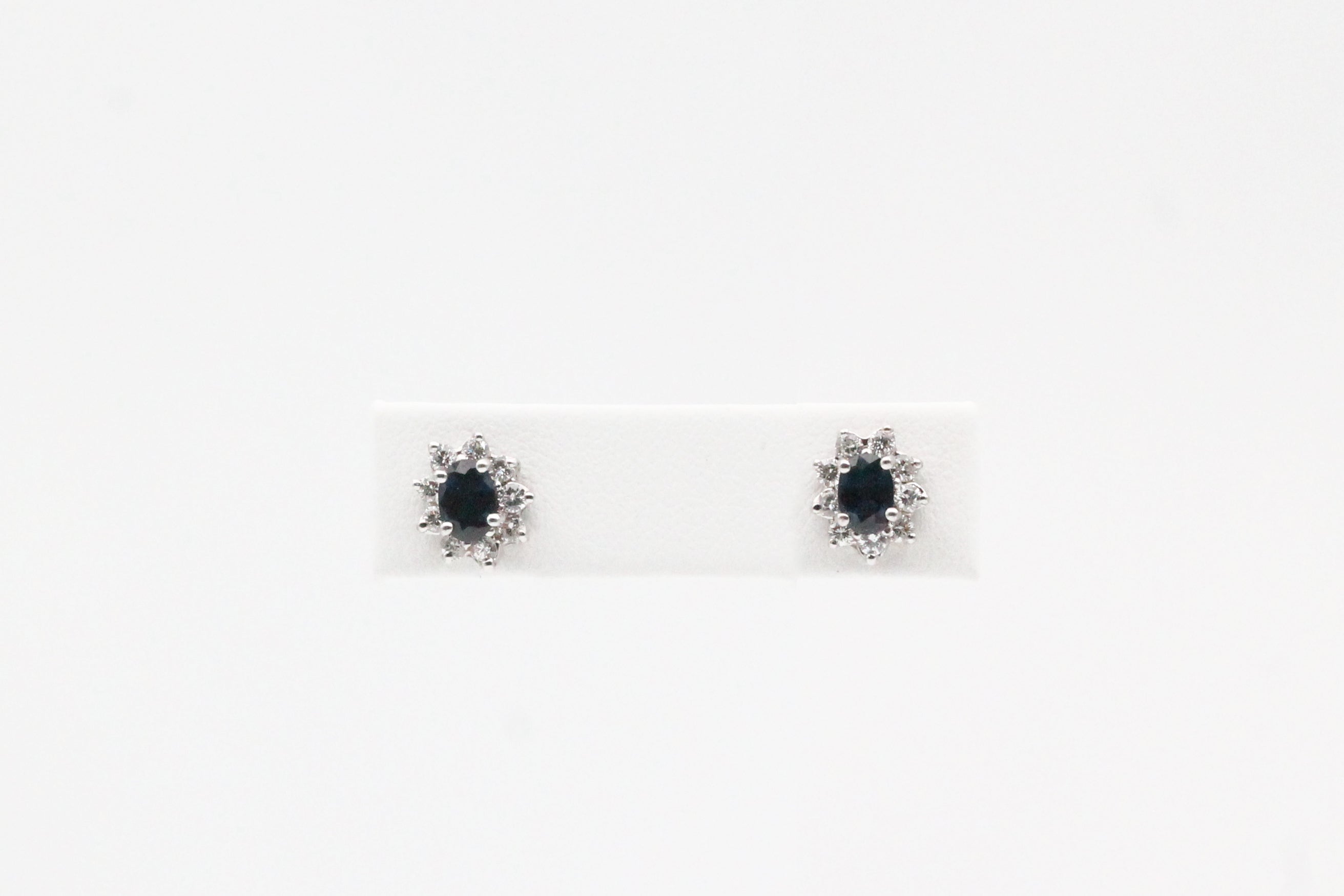 White Gold Sapphire Earrings with Diamond Halo