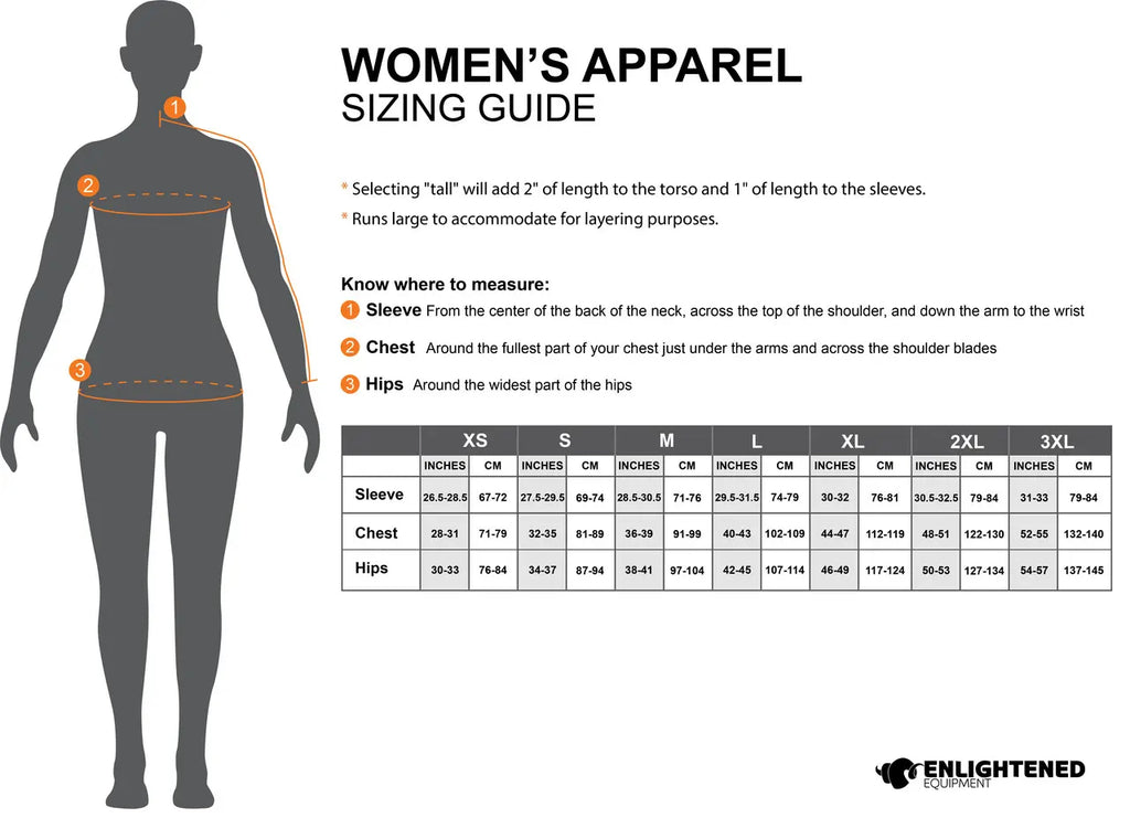 Enlightened Equipment Women's Torrid Pullover size chart