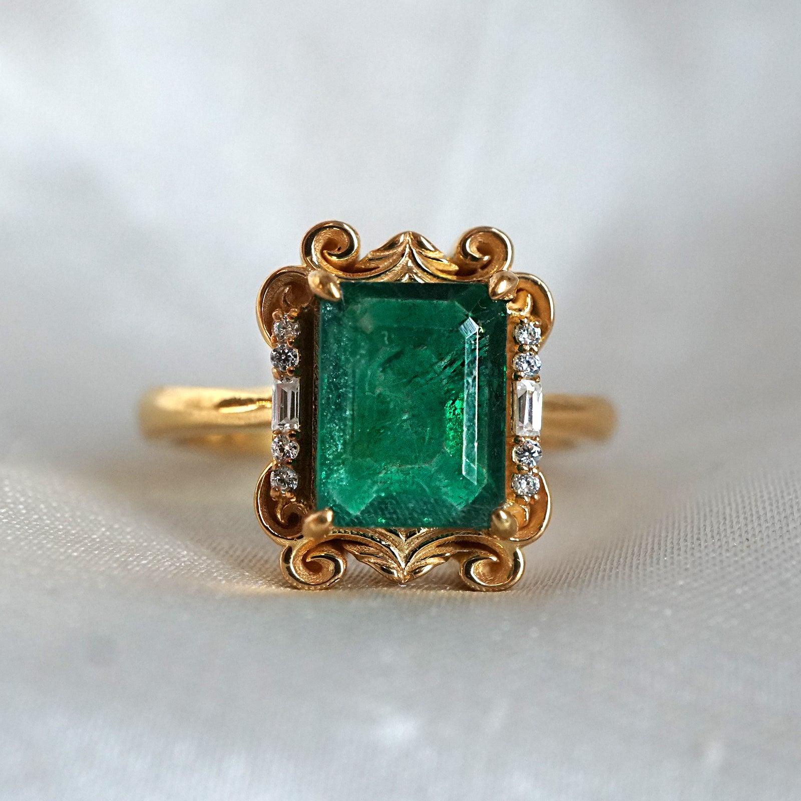 Isis Emerald Scroll Diamond Ring