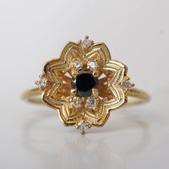 Gothic Rose Window Black Diamond Ring in 14K and 18K Gold