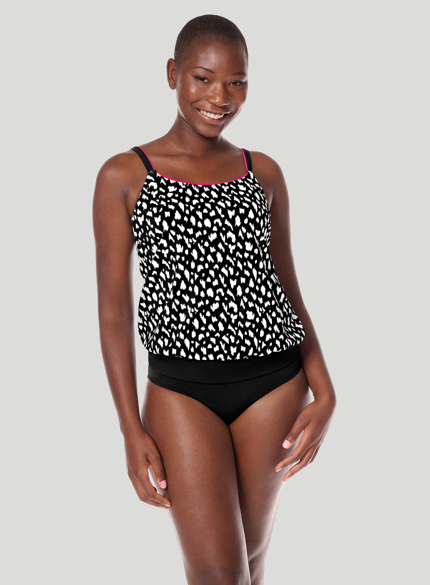 Amoena Swimwear: Manila Blouson Mastectomy Tankini Black White