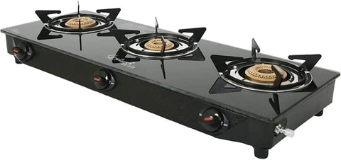 SigriWala 3 burner Black Toughened glass Manual Gas Stove