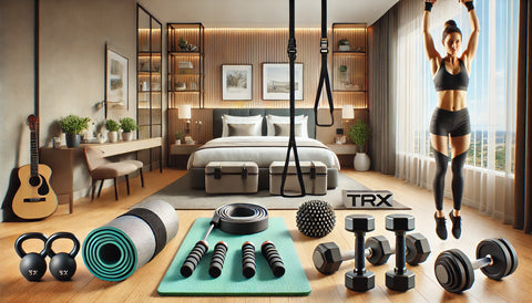 Collage of compact fitness equipment ideal for hotel room workouts, including resistance bands, a jump rope, a travel yoga mat, adjustable dumbbells, a TRX suspension trainer, and a foam roller, arranged in a cozy hotel room.