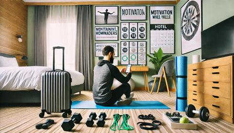 Fitness enthusiast in a modern hotel room using a fitness app on their phone, surrounded by visual reminders like motivational quotes on the wall, a calendar tracking progress, and workout equipment like resistance bands, yoga mat, and adjustable dumbbells, with a suitcase and travel accessories in the background.