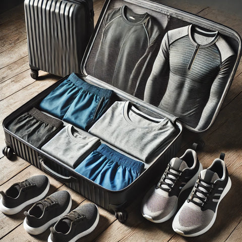Modern travel suitcase with organized fitness apparel, including lightweight and packable items like nylon running shorts, moisture-wicking shirts, and a foldable jacket. The setting emphasizes convenience and practicality for busy professionals who travel frequently.