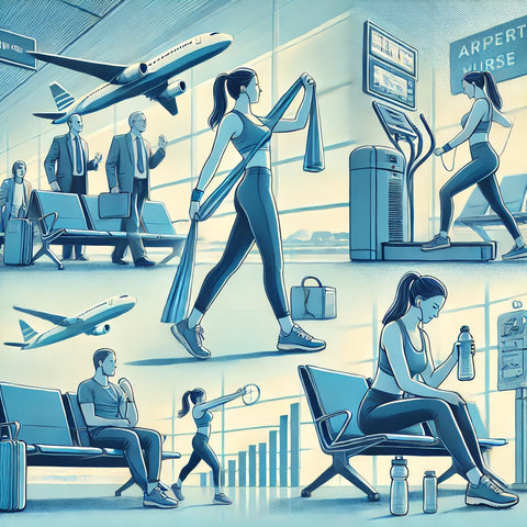 Frequent flyer, such as a travel nurse, utilizing airport time efficiently for fitness. The image shows the person walking briskly around the terminal, doing stretches with a stretch band while waiting, exercising in an airport gym or yoga room, and drinking water from a refillable bottle, illustrating various ways to stay active and hydrated in an airport setting.