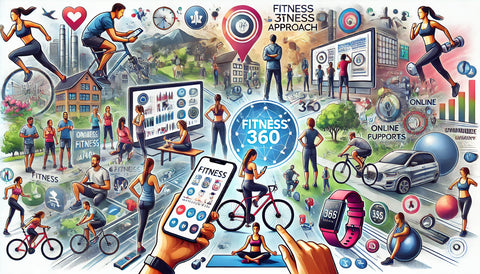 An illustration showing the integration of technology into the Fitness 360 approach. People are using fitness and wellness apps on smartphones, wearing fitness trackers and smartwatches, and participating in online fitness platforms. Activities include running, cycling, yoga, and meditation. Elements highlighting community support such as group fitness classes, online fitness communities, and virtual challenges are included. Travel-related items like a suitcase and a plane emphasize convenience for traveling professionals. The image is dynamic and engaging.