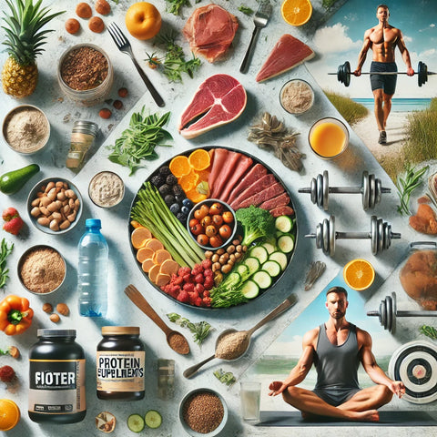A collage of images representing nutrition and fitness: a balanced plate of lean proteins, complex carbohydrates, and healthy fats; a person drinking water from a bottle during a workout; various supplements like protein powders and creatine; and a person practicing mindfulness meditation in a peaceful setting. The background includes elements like fruits, vegetables, and fitness equipment, highlighting the integration of nutrition, hydration, supplements, and mental wellness.