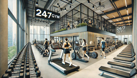 A modern 24/7 gym with various equipment and people working out. The gym includes a mix of cardio machines, free weights, and strength training areas. A secure entry system is visible, and the gym is clean and well-maintained. The environment is friendly and supportive.
