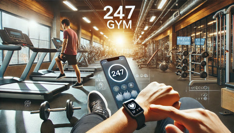 A person working out in a 24/7 gym using wearable technology, such as a fitness tracker, and a smartphone with a fitness app open. The gym is clean and spacious with various equipment like treadmills, dumbbells, and strength machines. The atmosphere is motivating and energetic.