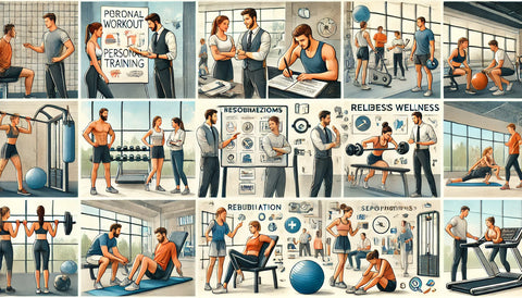 Busy professionals working with personal trainers in a gym setting. Scenes include trainers creating customized workout plans, providing motivation, and offering expert advice on exercise techniques and nutrition. Specialized programs like sports-specific training, rehabilitation, and holistic wellness are shown. Professionals are utilizing gym amenities such as group classes, wellness services, and relaxation areas like saunas. Additional offerings like sports facilities, recreational activities, and social events are also depicted, emphasizing comprehensive support and diverse options available at the gym.