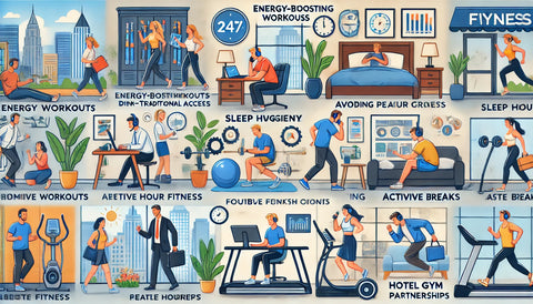 Busy professionals from different lifestyles integrating fitness into their routines. Scenes include shift workers utilizing 24/7 gym access during non-traditional hours, remote workers doing home workouts and taking active breaks, and frequent travelers using portable equipment and hotel gym partnerships. The image emphasizes energy-boosting workouts, sleep hygiene, balancing work and fitness, avoiding peak hour crowds, flexible membership options, comprehensive amenities, and a sense of community. Technology use, customized fitness plans, and mental health benefits from regular exercise are also highlighted.