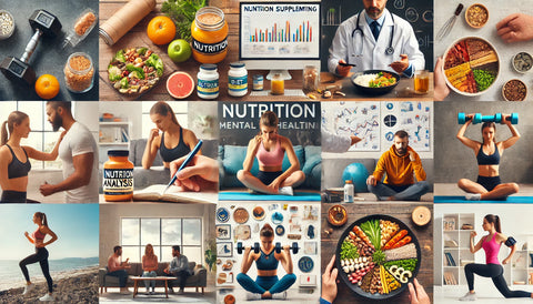 Collage showcasing the role of nutrition and mental health in enhancing fitness performance. Features nutrition counseling with diet analysis, meal planning, and nutritional education. Includes common supplements like protein powder, vitamins, and pre-workout supplements. Highlights mental health support with stress management techniques such as meditation, breathing exercises, and physical activity. Also features mental health resources like counseling services, workshops, and support groups.