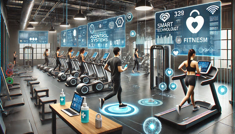 A modern gym incorporating advanced technology with members using fitness apps on their smartphones and engaging with high-tech equipment like smart treadmills and connected bikes. The gym is equipped with surveillance cameras, access control systems, and well-lit areas to ensure safety. Sanitization stations and proper ventilation are visible, emphasizing hygiene and health protocols. The atmosphere is safe, secure, and technologically advanced.