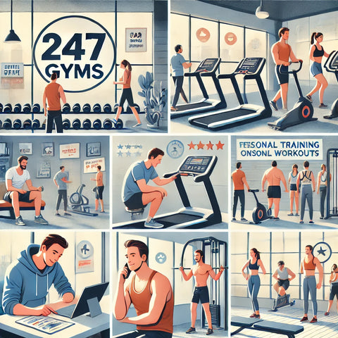A person evaluating different 24/7 gyms, visiting for trial workouts, reading online reviews, and talking to friends. The gym is clean and welcoming, with modern equipment and friendly staff. Scenes include someone testing equipment, participating in a group class, and using amenities like saunas. Posters promote personal training and wellness services. The atmosphere is engaging and community-focused, with people interacting and attending gym events.