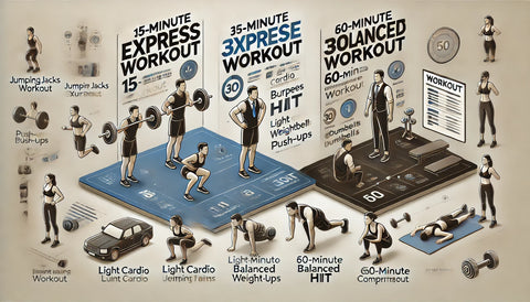 Professional graphic displaying three tailored workout plans for busy schedules. Includes a 15-minute express workout with jumping jacks, burpees, and push-ups; a 30-minute balanced workout with light cardio, HIIT, and dumbbell exercises; and a 60-minute comprehensive workout with jogging, weight training, and stretching. Clean and well-organized with exercise icons and illustrations.
