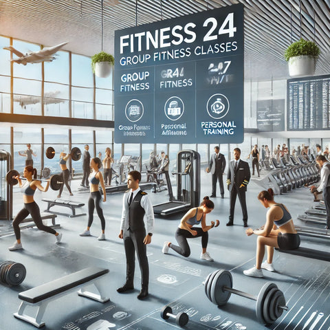 A modern gym branded 'Fitness 24' with diverse travel professionals including pilots, flight attendants, and travel nurses working out. The gym features a variety of equipment, group fitness classes, and personal training sessions. It is clean, well-lit, open 24/7, and located near an airport. An interface for advanced booking via a mobile app is shown in the background, emphasizing accessibility, convenience, and hygiene.