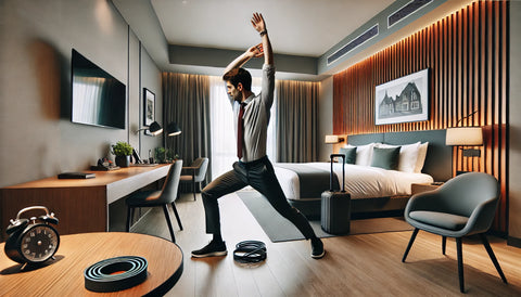 A professional traveler performing dynamic stretches, including arm circles and leg swings, as a warm-up for a 30-minute workout routine in a modern, stylish hotel room. The room is well-lit, clean, with a comfortable bed and small workout area, featuring minimal equipment like resistance bands and a yoga mat, highlighting the adaptability of the workout.