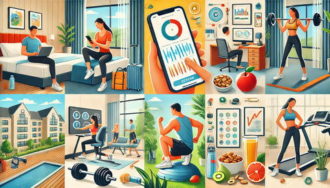 Traveling professional staying motivated with fitness routine in various settings like a hotel room, gym, and outdoor park. The image shows activities such as tracking progress on a fitness app, working out with a colleague, and enjoying healthy snacks like nuts and fruits, emphasizing the use of technology, positive attitude, and staying hydrated.
