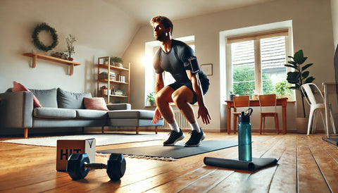 A person exercising at home, performing a high-intensity interval training (HIIT) workout in a bright living room with minimal equipment: a yoga mat, a pair of dumbbells, and a resistance band. The person is executing a burpee with a focused expression, with natural light streaming through the windows, creating an energetic and motivating atmosphere.