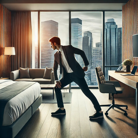 A business professional assessing their fitness level in a modern hotel room with a cityscape view, performing dynamic stretches like leg swings and arm circles, emphasizing flexibility and mobility in travel workout plans.