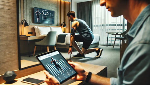 Busy professional using a workout app on a smartphone in a compact hotel room, performing exercises like push-ups and squats. The modern, minimal room emphasizes efficient time management and the use of digital tools for maintaining fitness.